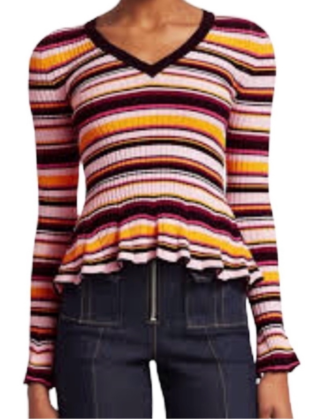cinq a sept Striped V-Neck Ribbed Peplum Top - Pink, Yellow, Black